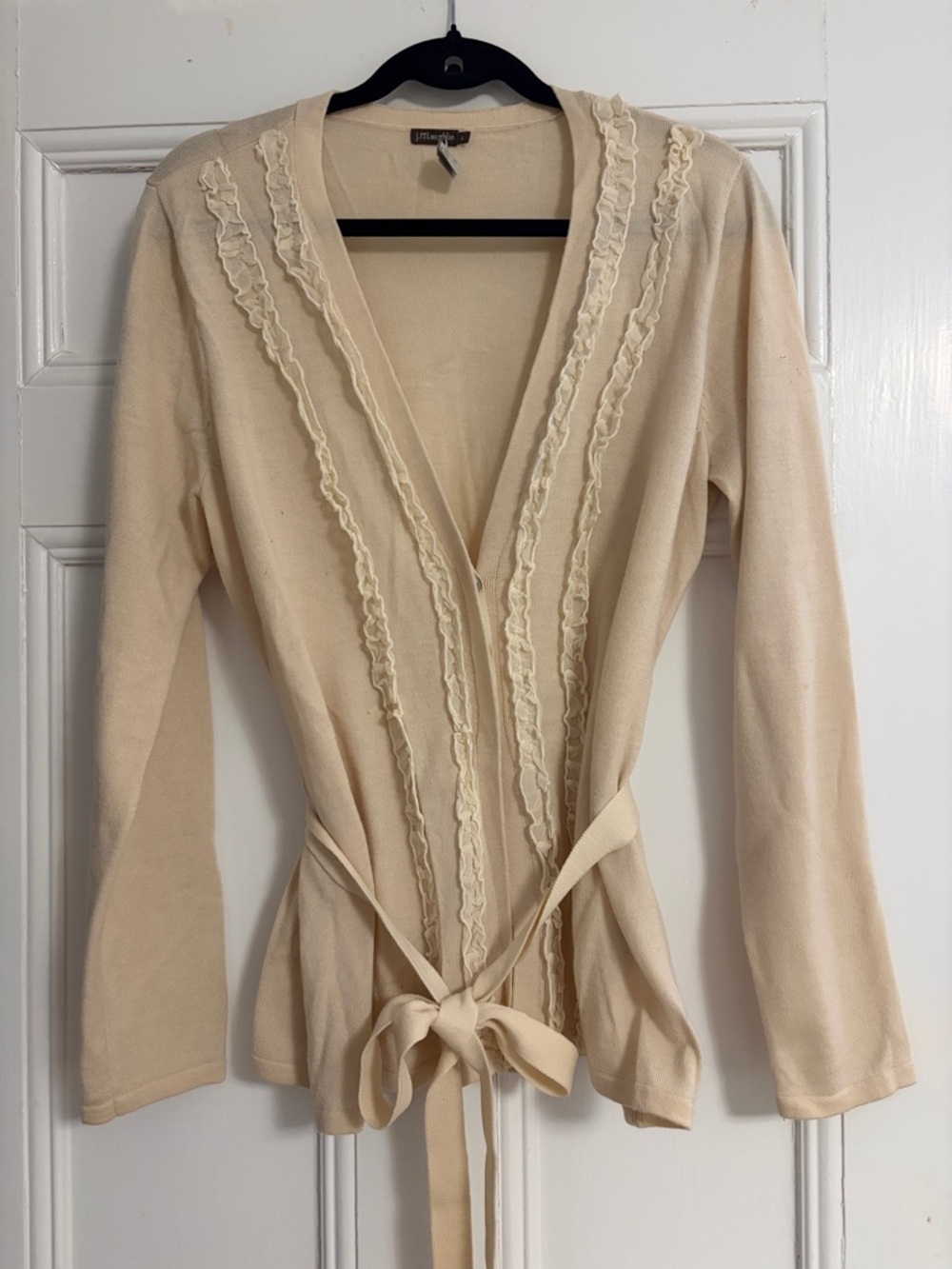 Tie-Waist Ruffle-Trim Cardigan in Cream